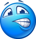 Blue circular face with a grimacing expression and clenched teeth showing discomfort.