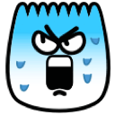 A blue character with a jagged top and an angry, stressed expression, sweating heavily.