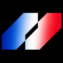 A geometric logo featuring a diagonal split with a red, white, and blue gradient on a black background.