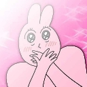 Bunny with wide sparkling eyes and blushing cheeks covering its mouth in shock.