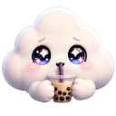 A cute white cloud character with sparkling eyes holding and drinking a cup of bubble tea.