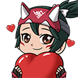 Kiriko from Overwatch in a chibi style holding a large red heart with small hearts floating around her head.