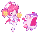 A pink-haired nurse in a uniform dances with yellow pom-poms next to a screaming purple-masked creature.