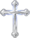 A silver cross with a glowing outline centered on a neutral background.