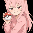 Anime girl with pink hair and cat ears holding a Pokeball with a smug expression.