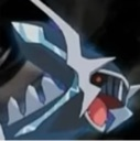 Dialga laughing with its mouth wide open in a manic expression.