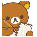 Rilakkuma the brown bear holding a pencil and writing in a notebook.