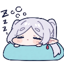 A chibi elf with light hair sleeping peacefully on a light blue pillow.