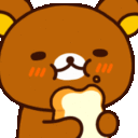 A brown cartoon bear happily chewing on a piece of white toast.