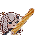Paimon from Genshin Impact marching with a determined expression while holding a large baguette.