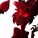 Alastor from Hazbin Hotel with a wide, sharp-toothed, menacing grin in a dark red lighting.