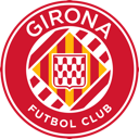 Girona FC football club crest featuring a red and white shield with yellow stripes on a circular red background.