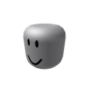Roblox character head with a simple black smiley face on a gray background.