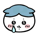 Hachiware character with a blue head and white face crying a single blue tear with pink blushing cheeks.