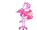 A pink-haired nurse with dizzy eyes spinning around a medical IV pole.