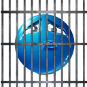 A sad blue sphere emoji trapped behind vertical iron prison bars.