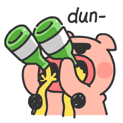 A cute pink pig character chugging from two green bottles simultaneously while the text dun-dun appears above.