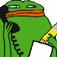 Pepe the Frog holding a telephone to his ear and writing on a piece of paper with a pencil.