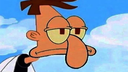 Dr. Doofenshmirtz with Squidward's nose and deadpan expression looking tired against a blue sky.