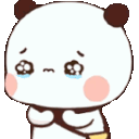 A small white panda with brown ears and rosy cheeks crying with large, tear-filled eyes.