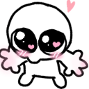 A small white creature with giant black eyes and pink blushing cheeks, holding its arms out with small pink hearts.