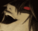 Light Yagami laughing hysterically with a wide open mouth and glowing red eyes.