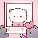 Peach cat character holding a polaroid photo of itself with a pink heart nearby.