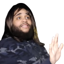 Man with long hair and a beard holds up one hand in a gesture to calm down.