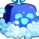 A glowing blue cube creature with a happy expression surrounded by magical white bubbles.