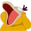 Psyduck with its mouth wide open in a panicked scream while holding its head.