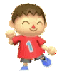 Villager from Animal Crossing dancing happily with arms raised.