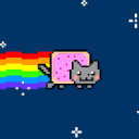 A pixelated gray cat with a pink pop-tart body flying through space, leaving a colorful rainbow trail behind it.