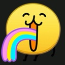 Yellow smiley face with a wide open mouth spewing a long, colorful rainbow.