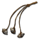 A 3D rendered bola weapon with three weighted ends connected by cords.
