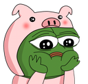 Pepe the Frog wearing a pink pig onesie with a shy and blushing expression.