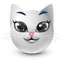 White cat with large glossy eyes and a smug expression.