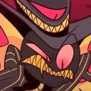 Sir Pentious from Hazbin Hotel shifting from a sharp-toothed grin to a wide-eyed, confused expression.