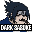 Sasuke Uchiha with a distorted face and hands clasped in a thinking pose with the text Dark Sasuke below.