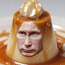 Vladimir Putin's face is photoshopped onto a caramel flan dessert topped with whipped cream.