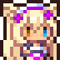 Anime girl character with blonde hair and heterochromia eyes in a pixel art style.