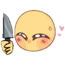 A round yellow character with blushing cheeks and closed eyes holding a sharp kitchen knife with a mischievous expression.