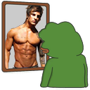 Pepe the Frog looking at a framed picture of a muscular bodybuilder.