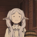 Frieren with a blank, smug expression and a small yellow arrow pointing at her head.