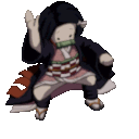 Nezuko Kamado from Demon Slayer dancing rhythmically in a pixel art style.