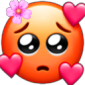 Orange face with pleading eyes, a small flower on its head, and floating pink hearts.