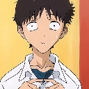 Shinji Ikari with wide, panicked eyes and a nervous expression.