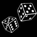 Two white dice showing various pips against a solid black background.