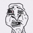 Distorted hand-drawn face with a twisted expression of extreme disgust.
