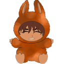 Hyunwoo wearing a brown animal onesie with a happy, closed-eye expression.