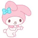 My Melody the rabbit giving a thumbs up with a blue bow on her head.